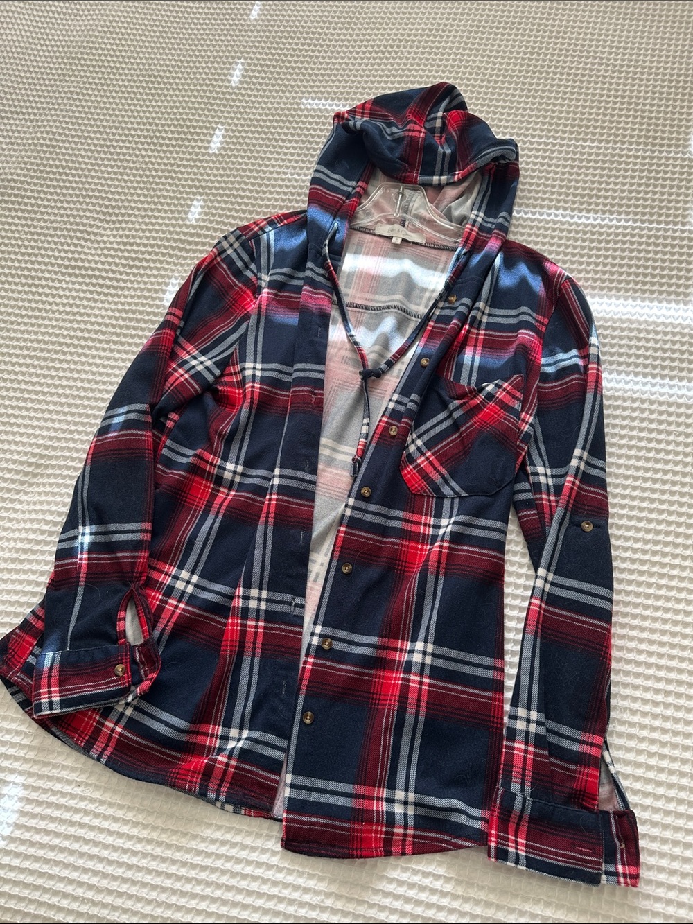 Plaid, Button Down Shirt Hooded Jacket in Red & Blue
